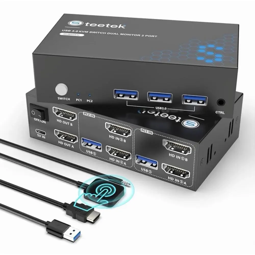 KVM Switch 2 Port HDMI, 4K@60Hz KVM Switch 2 Monitors 2 Computers USB3.0 4K60Hz